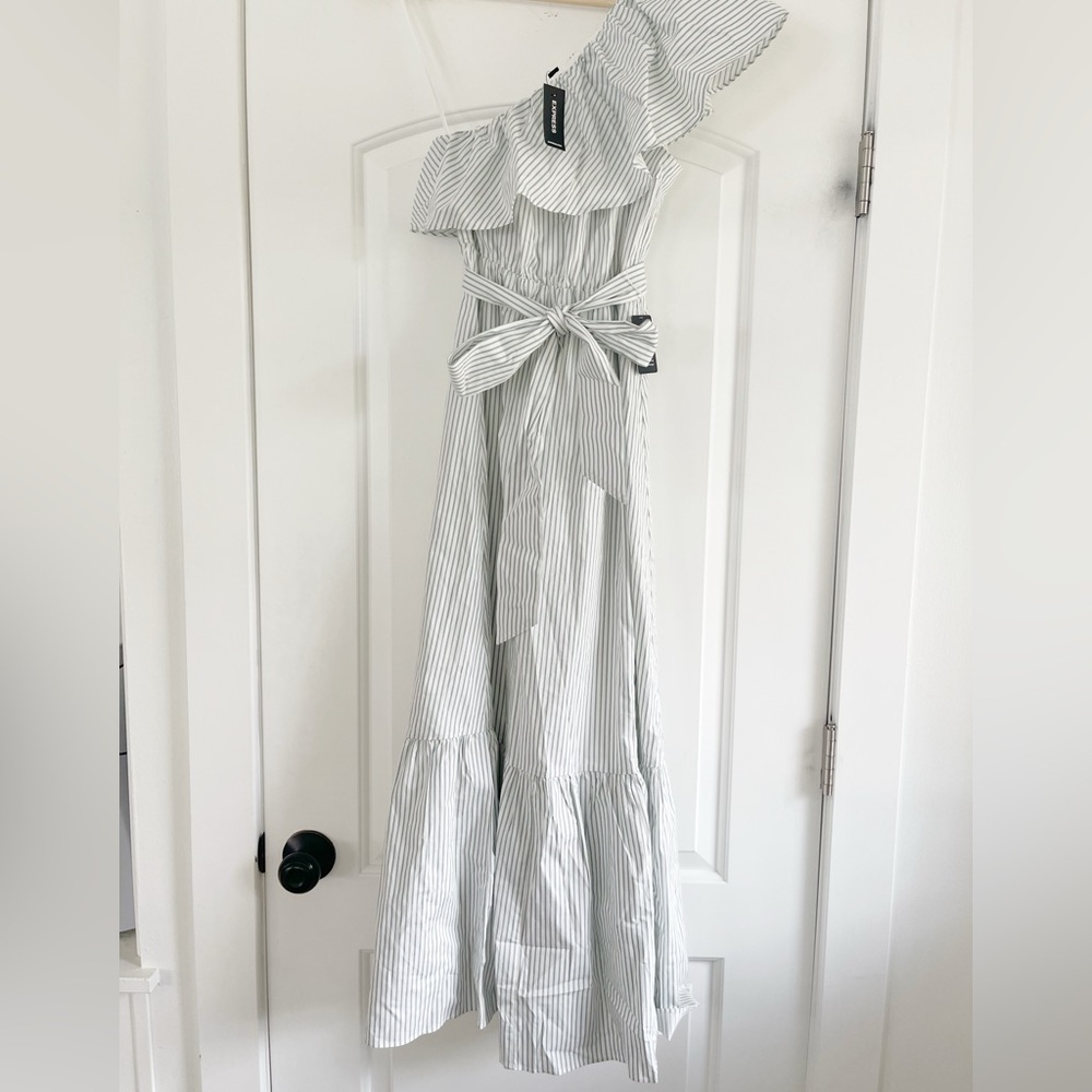 Express One Shoulder Striped Ruffle Poplin Maxi Dress - S - Picture 5 of 7